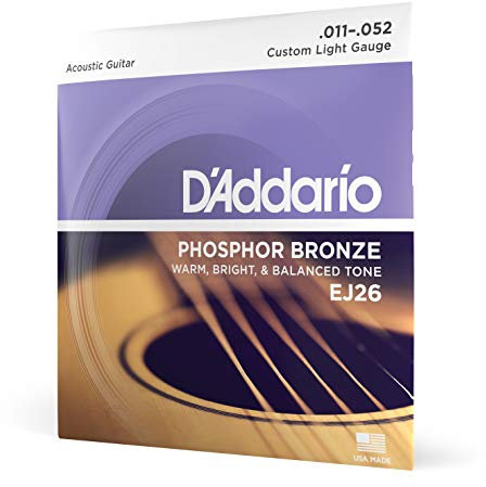 D'Addario Cuerdas Guitarra Acustica - Cuerdas de Guitarra - Cuerdas de Guitarra Acustica - EJ26 - Luz Personalizada, 11-52 - 1-Paquete, 1-Pack, Custom Light, 11-52