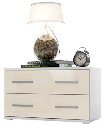 Vladon Nachttisch Nachtkonsole Kioto, Made in Germany, Korpus in Weiß matt/Front in Creme Hochglanz
