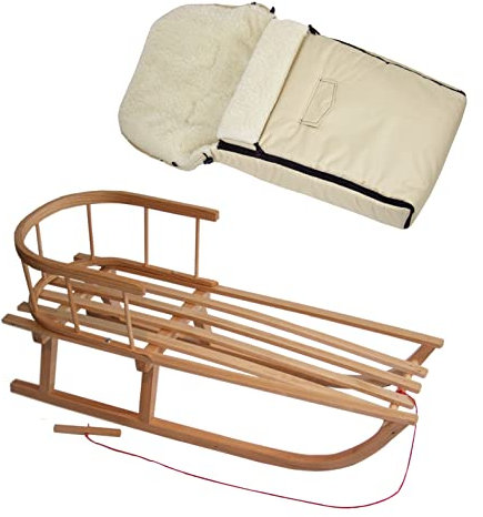 BAMBINIWELT Kombi-Angebot Holz-Schlitten mit Rückenlehne & Zugseil + universaler Winterfußsack (90cm), auch geeignet für Babyschale, Kinderwagen, Buggy, aus Wolle Uni (Beige)