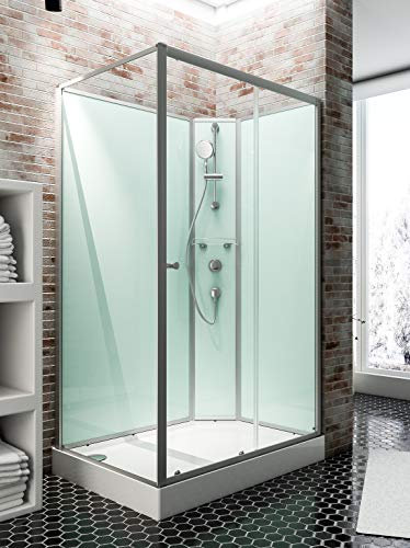 Schulte cabine de douche complète en kit 120 x 90 x 204 cm (bac de douche inclus), alu-argenté, avec porte coulissante, ouverture vers la droite, verre de sécurité porte 5 mm, cabine intégrale