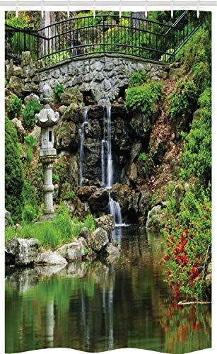 ABAKUHAUS Natur Schmaler Duschvorhang, Wasserfall Garten, Badezimmer Deko Set aus Stoff mit Haken, 120 x 180 cm, Grün Weiß