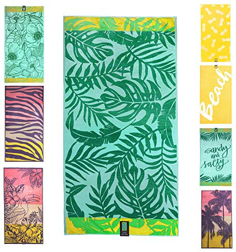 jilda-tex Strandtuch 90x180 cm Badetuch Strandlaken Handtuch 100% Baumwolle Velours Frottier Pflegeleicht (Monstera Jungle)