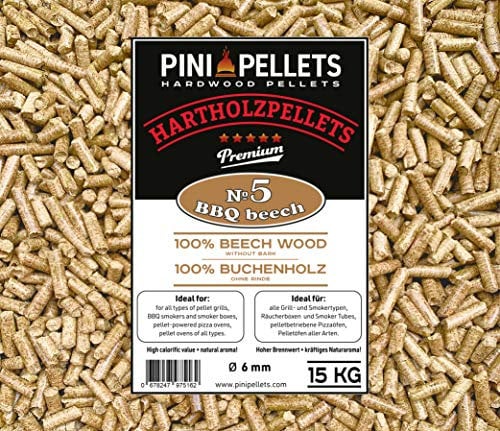 PINI Pellets de Bois Dur 100% Hêtre №5 BBQ BBQ Hêtre 15 Kg Grill Pellets pour Griller, Faire Fumer, également pour Les Fours à Pizza à granulés