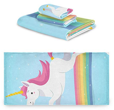 Fantazio Lot de 3 serviettes de toilette de qualité supérieure Motif licorne Courir sur un gant de toilette arc-en-ciel