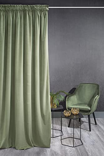 Eurofirany Kristi Vorhang Samt Velvet Weich Kräuselband -1 STK. Dick 330g/m² Edel Elegant Glatt Einfarbig Flauschig Modern Klassisch Pastellfarbe Wohnzimmer Schlafzimmer, Grün, 140x270 cm 1x Vorhang