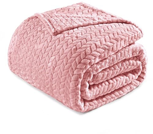 Exclusivo Mezcla Kuscheldecke Flanell-Fleecedecke mit Blättermuster, 220 x 240 cm Sofadecke für Ganzjahreszeit, Flauschig und Warm, Rosa