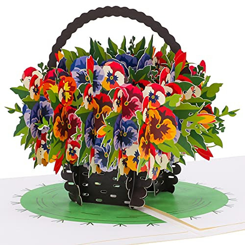 Heyu-Lotus 3D Flowers Card, Colorful Flower Basket Card with Envelope, Pop Up Greeting Card for Mothers Day Wedding Valentine's Day Anniversary Birthday Christmas