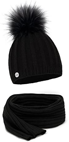 ELIMELI® Kaschmir Mütze Schal Damen Winter Kombi Set - warme Strickmütze mit Kunstfell Bommel - 3-teilig, Winterset Wintermütze passender Schal Wollmütze Beanie Slouch Strick Made in EU - schwarz