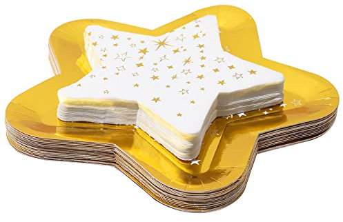 Whaline Juego de 24 platos en forma de estrella y 24 servilletas de estrella de papel blanco dorado vajilla desechable impermeable para baby shower, aperitivos, decoración de postre de frutas