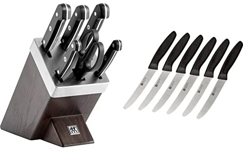 ZWILLING Selbstschärfender Messerblock, 7-tlg, Gourmet & 1002672 Messer-Set, 6-tlg, Küchenmesser, Klingenlänge: 12 cm, Rostfreier Spezialstahl/Kunststoff-Griff, Twin Grip, Schwarz