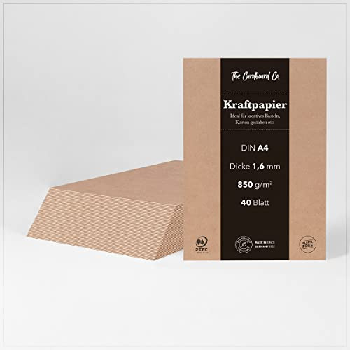Kraftpapier, 1,6 mm (850 g/m²), DIN A4 (210 x 297 mm), 40 Blatt, Kraftkarton braun für kreatives Malen, Basteln, Tischkarten