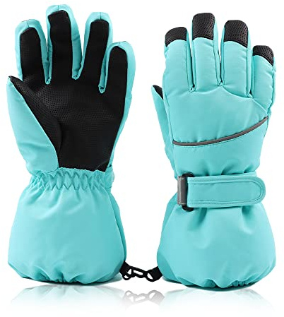XIAOHAWANG Guantes de esquí para niños, Impermeables, Resistentes al Viento, con Rayas Reflectantes, Antideslizantes, cálidos, protección contra el frío para niños, Verde, 10-14 Años