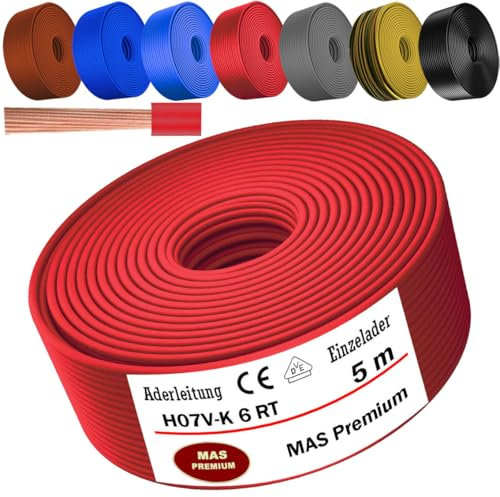 Cavo da 5 a 100 m H07 V-K 6 mm², Filo Elettrico, Cavi, nero, marrone, blu scuro, verde, grigio, rosso o azzurro, cavo singolo flessibile (rosso, 5 m)