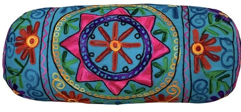 Nackenrolle Boho-Kissenbezug aus Baumwolle, 46 x 18 cm, rund, zylindrisch, für Yoga, Meditation, Reisen, Bodenkissen, bestickt, Rücken-Nacken-Mutterschaftskissenbezug [Nur Abdeckung] (BLAU)
