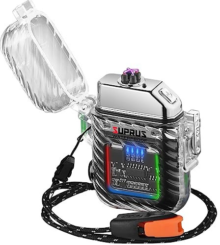 SUPRUS Luminous 3 Modes of Flashlight Windproof Waterproof Electric Lighters Rechargeable Dual Arc Plasma Lighter with Survival Emergency Whistle and Lanyard