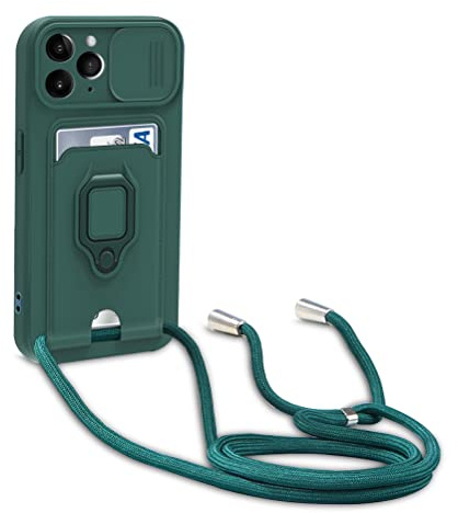 Dllatui Case Compatible with iPhone 11 Pro, Adjustable Lanyard Case with Camera Slider Protection, with Card Slots, Ring Stand, Silicone Necklace Case (Green)
