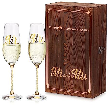 NUPTIO Champagne Glasses Wedding Gift - Set of 2 Champagne Flutes Glass Personalised with Wooden Gift Box Mr & Mrs Crystal Prosecco Toasting Flute for Weddings Engagement Anniversary Birthday Party