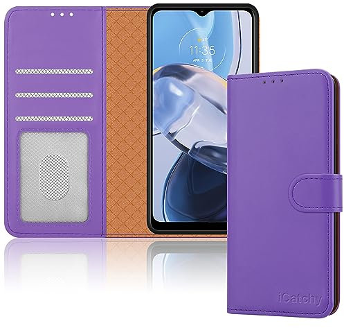 iCatchy for Motorola Moto E22 Case, Leather Wallet Book Flip Folio Stand View Magnetic Protect RFID Blocking Cover compatible with Motorola E22 Phone (Lilac)