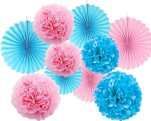 Vsosfiza Papier Dekoration Rosa und Blau,Hängender Papier Pompons und Papier fächer Rosa und Blaues,Seidenpapier Pompons und Papierfächer für Hochzeit,Geburtstag,Party(10 Stück)