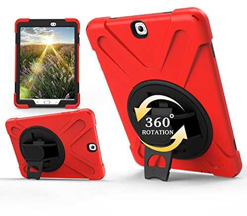 Juaupepo Coque robuste pour Samsung Galaxy Tab S2 9,7 (SM-T810/T813/T815), coque hybride portable anti-chocs avec poignée auto-agrippante rotative à 360°, bandoulière (rouge)
