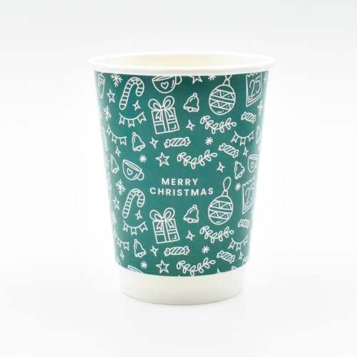 Merry Christmas 12oz Paper Cups - Disposable Christmas Takeaway Coffee Cups (Green, 100)