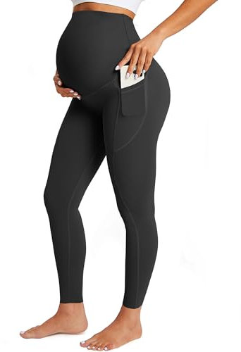 BAYDI Nudi Blickdichte Umstandsleggings High Waist Leggings mit Taschen Damen Schwangerschaft Leggings Lang Schwangerschaftshose für Zuhause Yoga Sport