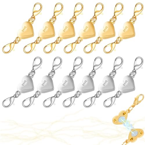 12 Stück Magnet Schmuck Verschlüsse, Magnetische Karabinerverschlüsse, Herzförmige Magnetverschlüsse, Doppelter Kettenverschluss für DIY Halsketten,Armbänder,Schmuckherstellung (Gold, Silber)