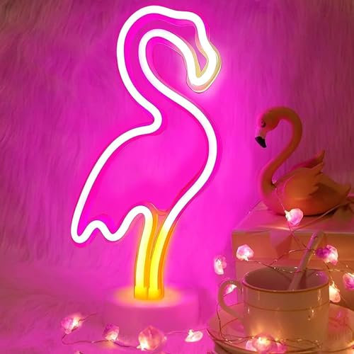 JIURUIFFC Rosa Flamingoförmige Neonlicht, Flamingo Leuchtschilder mit Basis, USB/batterie Betriebenes Schild Kinderzimmer Mädchen Schlafzimmer Tisch Weihnachtsfeier Led Nachtlicht