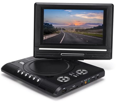 Lecteur DVD HD Portable avec écran Pivotant, Deux Haut-parleurs Stéréo, TV Analogique, Port USB, Lecteur de Cartes, Batterie Longue Durée, Rotation à 270°, Multifonction pour la