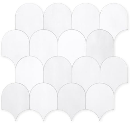 SUNWINGS Fish Scale Peel and Stick Backsplash Tile 11.4''x10.9 3D Scallop Handmade Looks Self Adhesive Wall Tiles for Kitchen Bathroom, White 10-Sheet