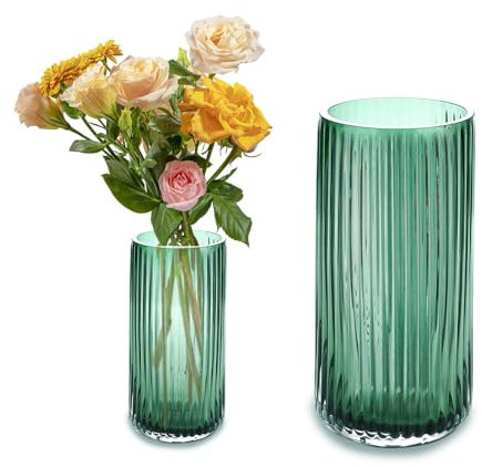 CJBIN Green Glass Vase - 20cm Ribbed Vase for Rustic Home Decor, Flowers, Table, Wedding, Housewarming Party