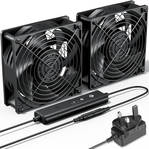upHere gaming Dual 120mm PC Fan, 120 x 38mm DC 12V Comtuper Cooling Fan, Dual Ball Bearing, AC Plug 220V 240V Speed Control 5 Adjustable for PC Cabinet Server Room Modems Cooling, D1K2