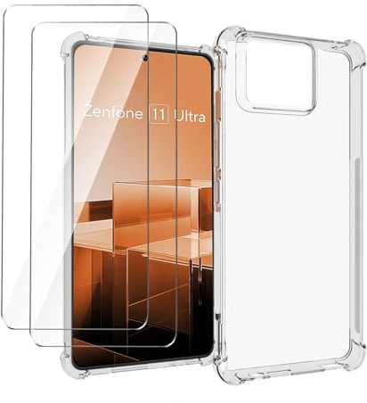 LYZXMY Funda para ASUS Zenfone 11 Ultra Carcasa Transparente + 2 Piezas de película Protectora de Vidrio Templado, Anti arañazos Anti colisión Funda Transparente