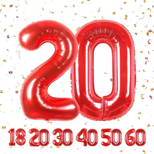 20 Geburtstag Deko zahlen luftballon 20 | Folienballon Rot - für 20. Geburtstagsdeko Männer Frauen Ballon Zahl Deko zum Geburtstag fliegt mit Helium 20.Geburtstagsparty 40-101cm