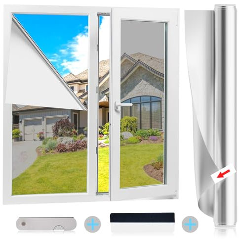 Spiegelfolie Fenster Sichtschutz Silber Selbstklebend Fensterfolie von innen durchsichtig von aussen Blickdicht UV-Schutz Sonnenschutz Fenster innen oder außen für Büro und Wohnzimmer 90x200cm