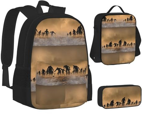 JUANYQME Many Zombie Backpack 3 Piece Set Bookbag Pencil Case Lunch Bag Combination For Women Men Backpack