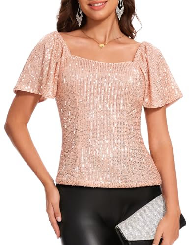 DRESSTELLS Sequin Sparkly Square Neck Tops for Women Puff Sleeve Blouse Glitter Dressy Tops for Evening Concert Party Shirts Rosegold M