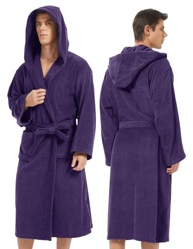 Fullove Accappatoio da uomo con cappuccio - Accappatoio classico in spugna per uomini (viola intenso)