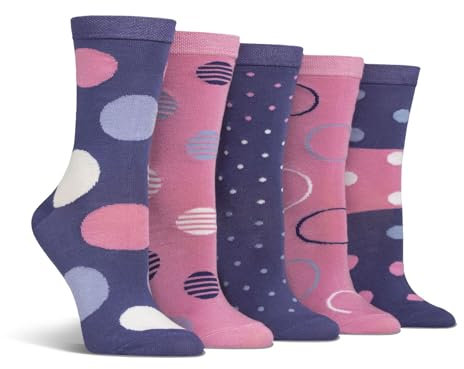 Spairs Femme Bambou Chaussettes, À pois, Brillante & Colorée Designs, Douce, Respirant, Confortable, Longueur de l'équipage, 5 Paires, Taille 37-42 Marine/Cerise