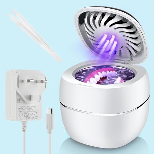 Ultra Sonic Denture Cleansers with Display, 45kHz Retainer Cleaner Machine with 180ml Tank, 3 Timing Settings for Deep Cleansing and Fan Drying,Suitable for Mouth Guards,Aligner,Jewelry- with Adapter