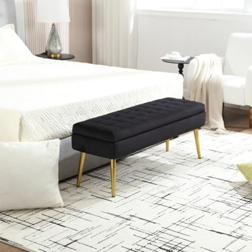 Aeovot Pouf mit Stauraum, Minimalistische Polsterbank Samt 111x35x44.5 cm, Gold Metal Legs, Max.150kg, Einfach zu Montierende Multifunktionale Nachttischbank(Schwarz)