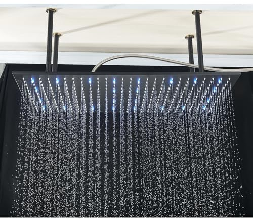 Cabezal de Ducha de Lluvia Fijo JUNSHENG, Cabezal de Ducha de Lluvia Cuadrado con LED, Ducha de Lluvia Negra (40X80cm)