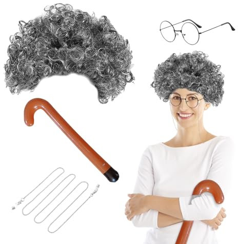 UILYNIU Perücke Grau Locken mit Brille Gehstock, Party-Perücke Oma Perücke Damen Mädchen, Großmutter Verkleidung für Cosplay Kostümzubehör Fasching Karneval Halloween Mottoparty (Grau)