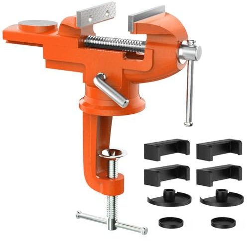 Housolution Tornillo de Banco Mordazas Universal 70 mm, 360° Abrazadera de Banco de Base Giratorio Multiángulo, Herramientos Portátil Hogar de Reparación con Agarre para Mesa, Carpintería, Naranja