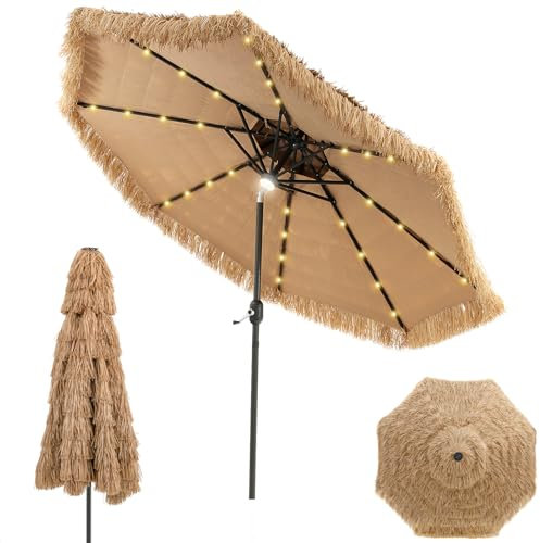 COSTWAY Sonnenschirm Hawaii 270 cm, Strohschirm mit LED-Solar-Beleuchtung und Doppeldach, Gartenschirm Stroh, Strandschirm neigbar, Marktschirm, Terrassenschirm für Garten, Balkon, Terrasse