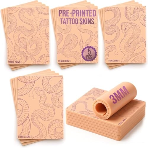 Stencil Skins Pre Printed Tattoo Practice Skin Set 5 Serpentine Designs, 3mm Silicone Fake Skin Pad, Practice Line Work, Shading & Colour for Apprentices & Tattoo Artists Snake Set