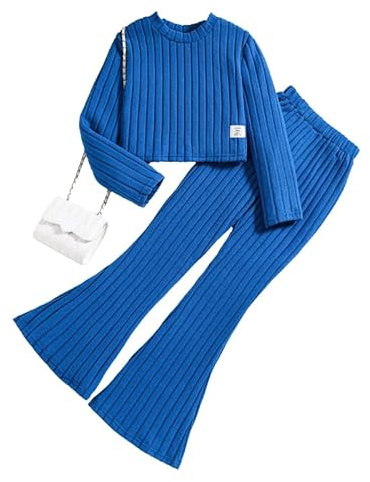 JiAmy Girls Clothes Flare Legging Outfit Long Sleeve Plain Set 7-11 Years | Super soft, pitted stripes,ribbed long sleeve crop top, wide-leg flared leggings pants, y2k style, fall &winter
