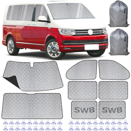 Internal Thermal Blind Set - 8 Pcs Compatible with VW T5/T6 Van SWB (Short Wheelbase), Thickened version with Black Back, Multi-Layer Durable Material, Silver Reflective Effect, Easy Storage