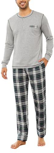 Litherday Schlafanzug Herren Lang Kariert Zweiteiliger Nachtwäsche aus 100% Baumwolle Pyjamas Set mit Rundhals Winter Pyjama