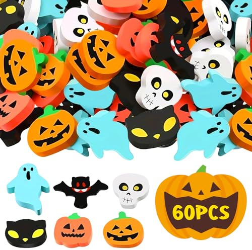60 Stück Halloween-Mini-Radiergummis für Kinder PLULON Goody Bag Fillers Kürbis Schwarze Katze Fledermaus Totenkopf Geist Radiergummis Neuheit Lustiger Halloween-Klassenzimmertrick